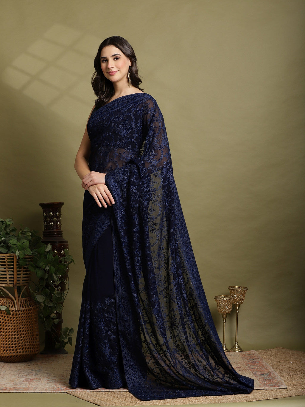 Navy Blue Embroidered Georgette Saree