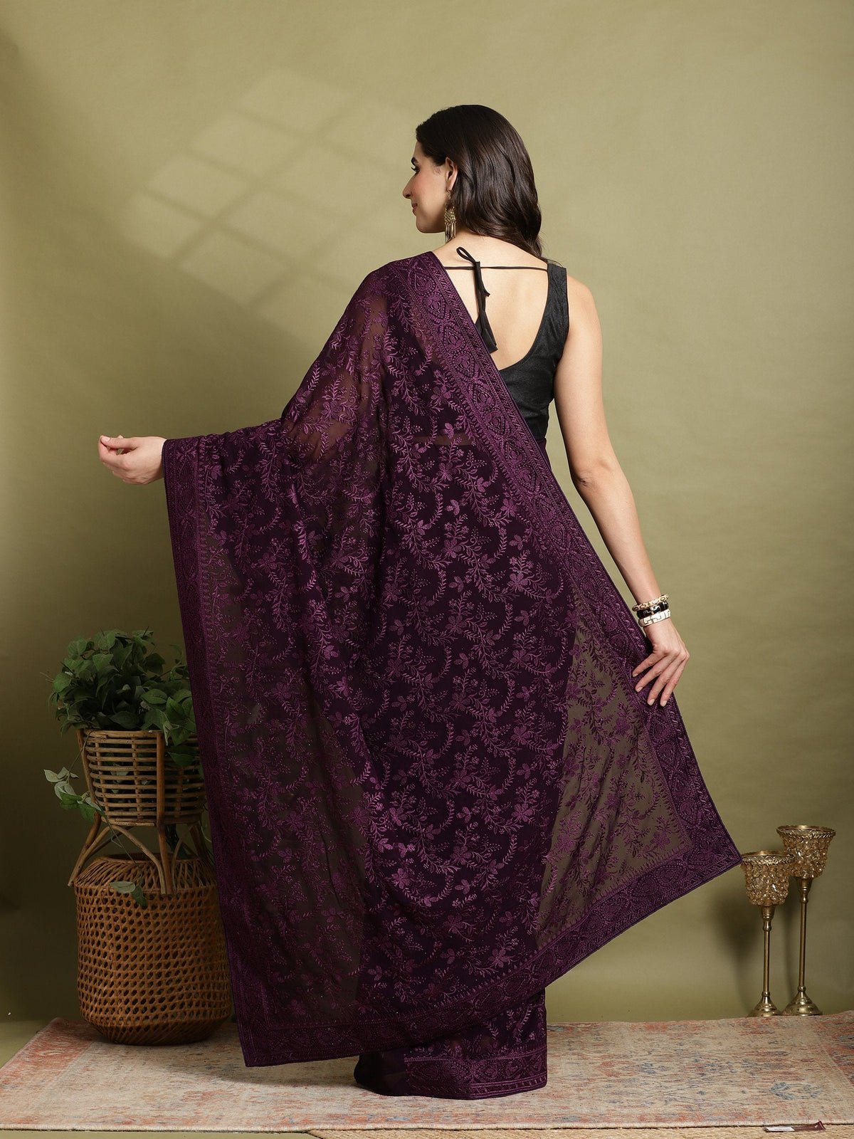 Purple Embroidered Georgette Saree