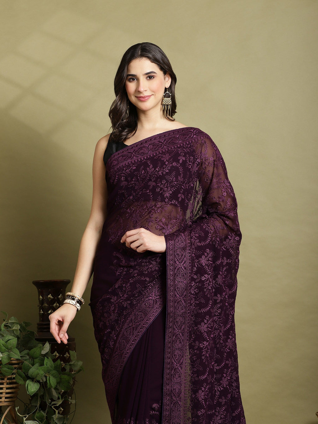 Purple Embroidered Georgette Saree