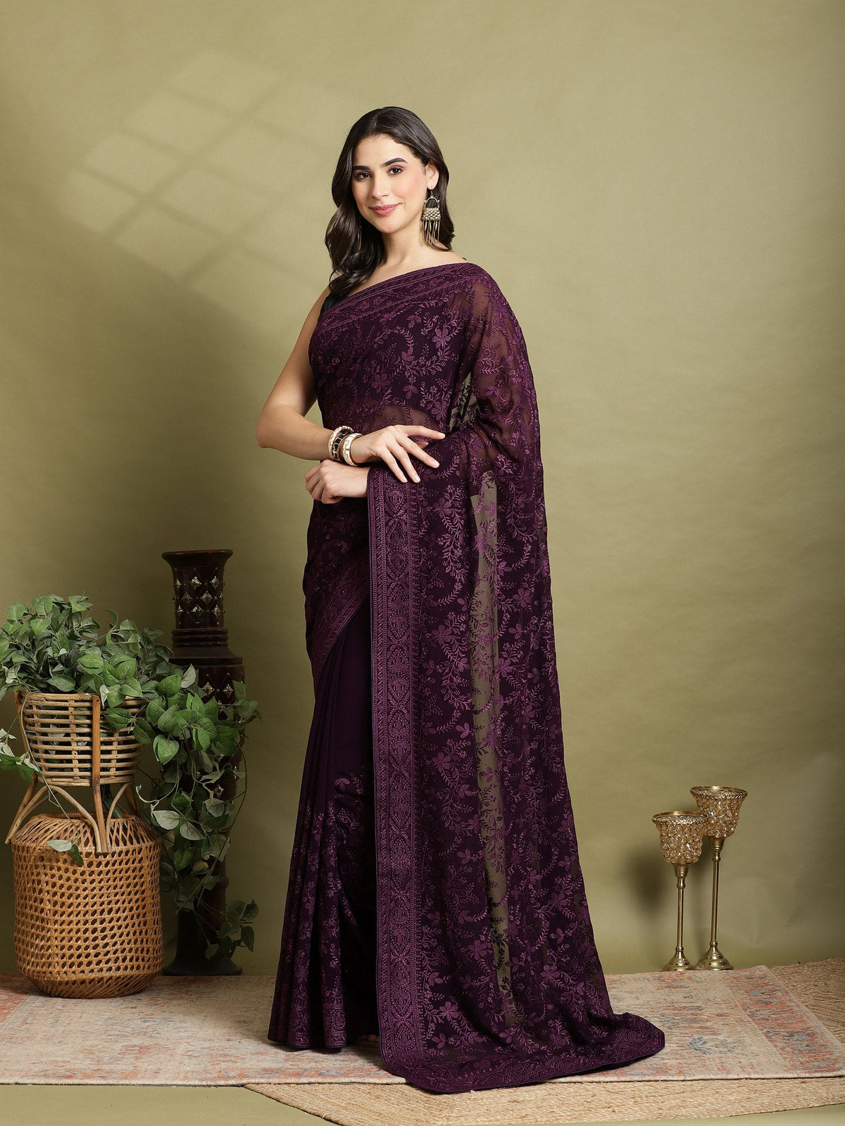 Purple Embroidered Georgette Saree