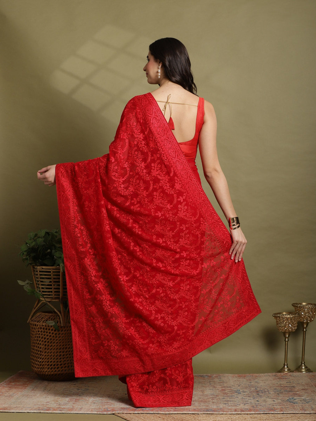 Red Embroidered Georgette Saree