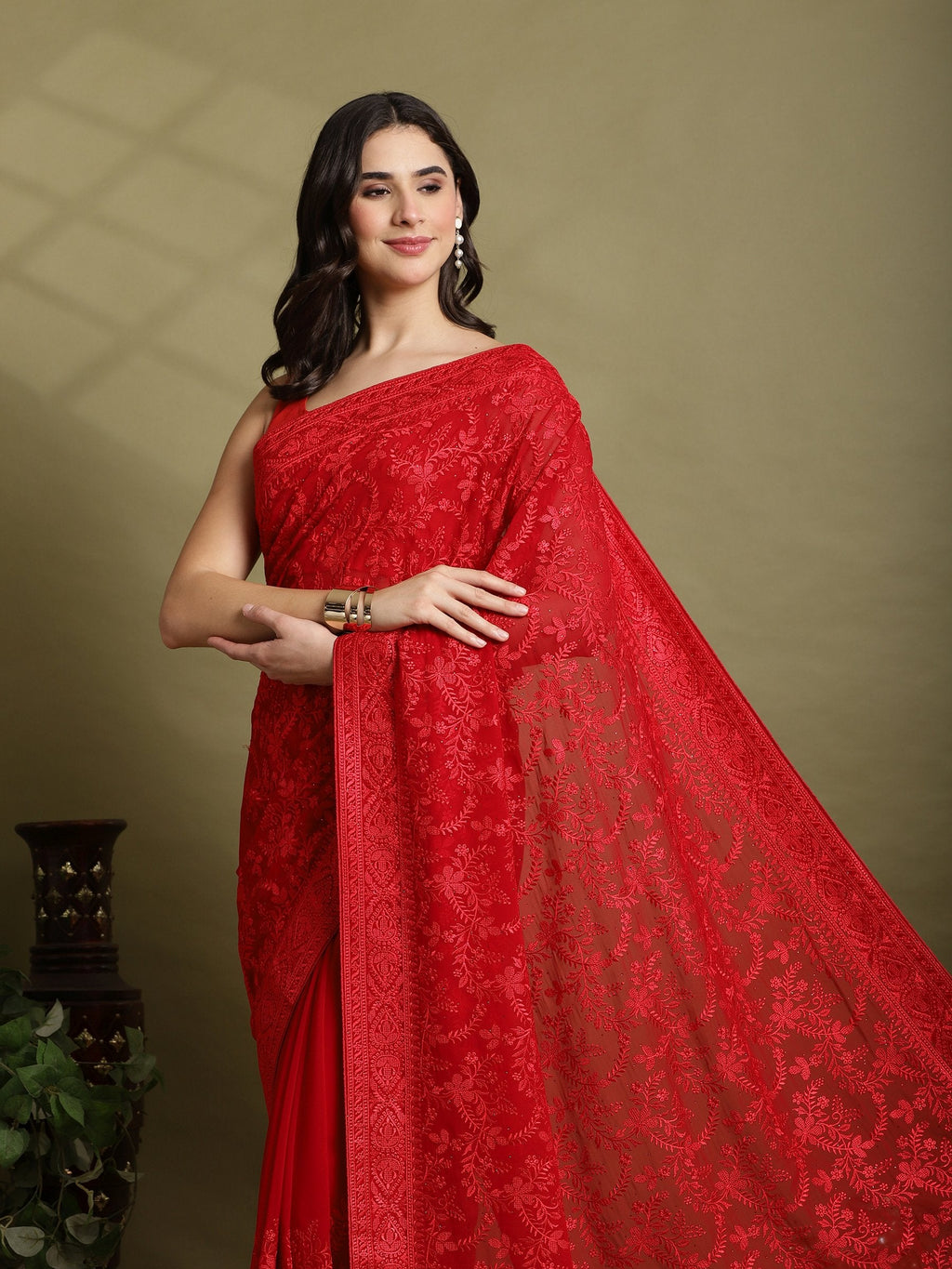 Red Embroidered Georgette Saree