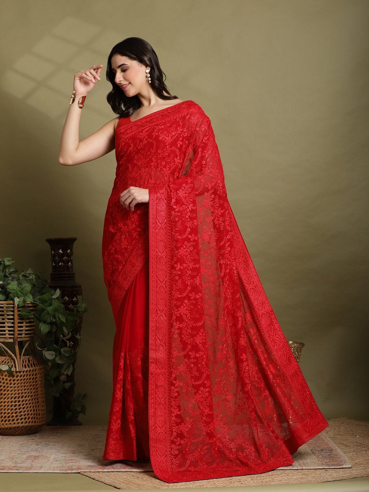 Red Embroidered Georgette Saree