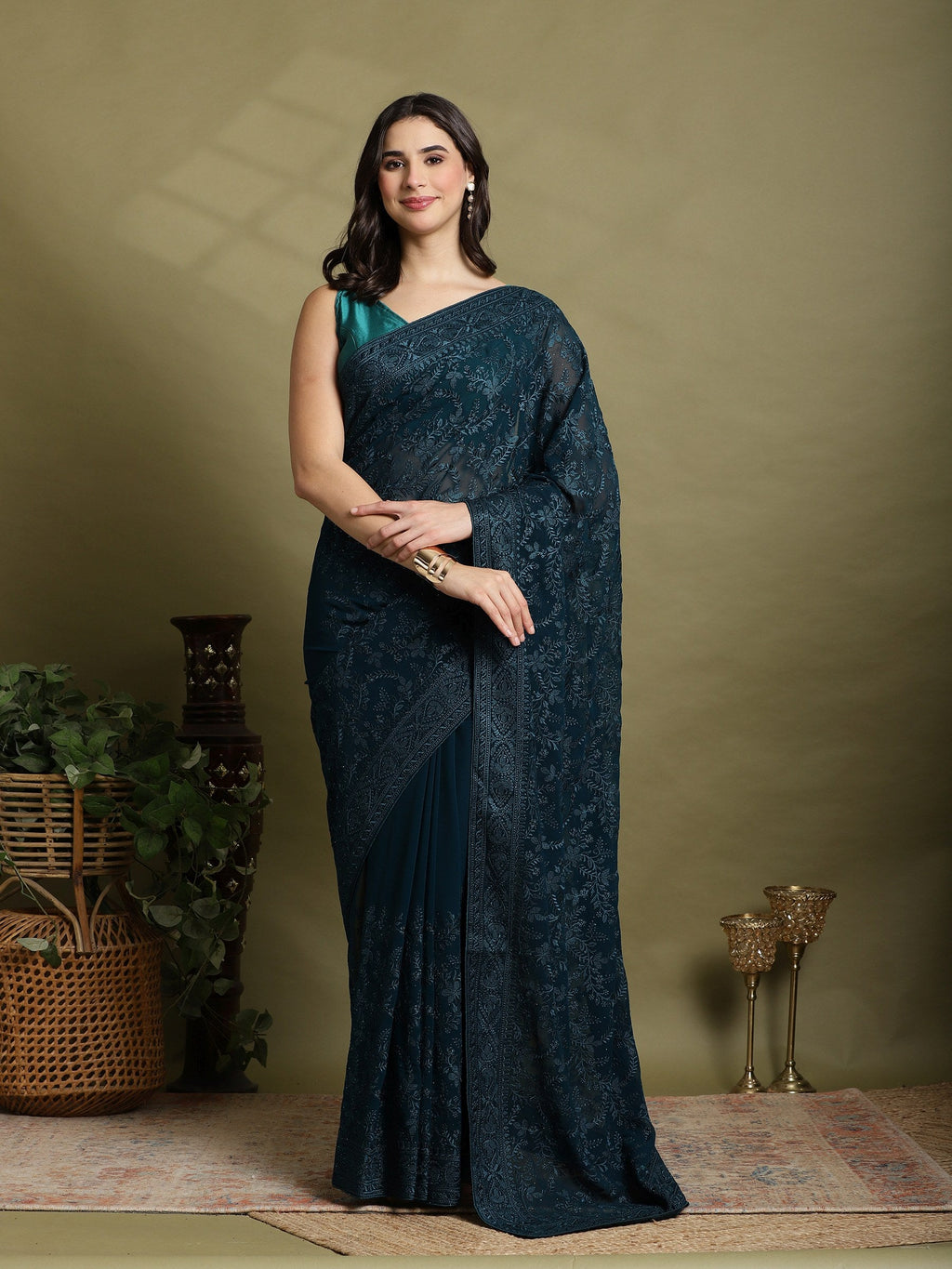 Teal Blue Embroidered Georgette Saree
