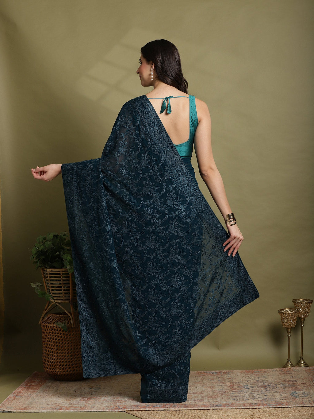 Teal Blue Embroidered Georgette Saree