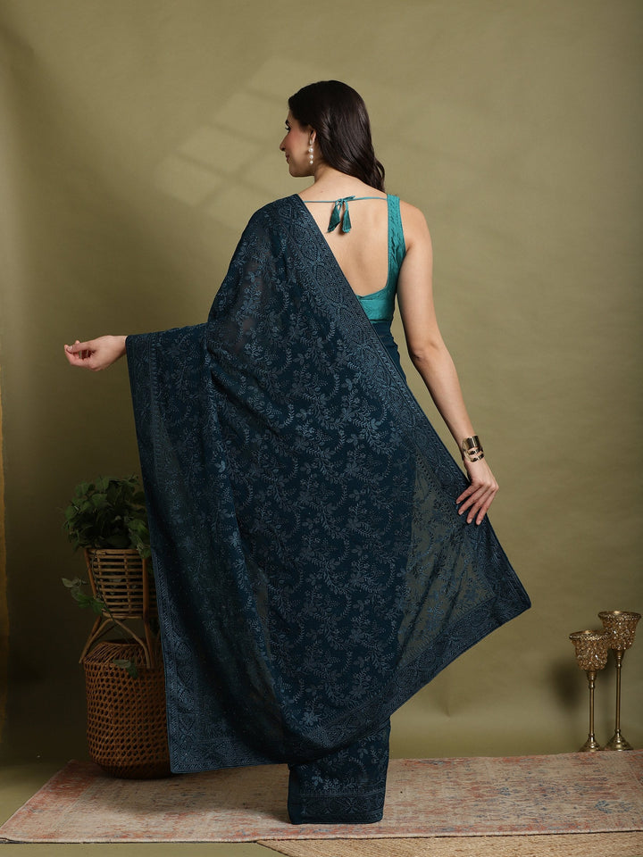 Teal Blue Embroidered Georgette Saree
