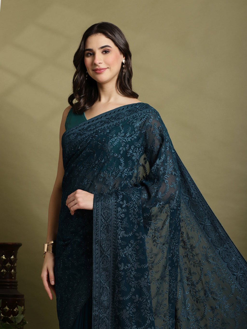 Teal Blue Embroidered Georgette Saree