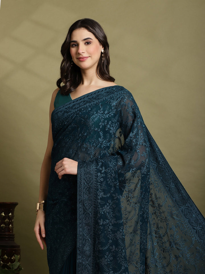 Teal Blue Embroidered Georgette Saree