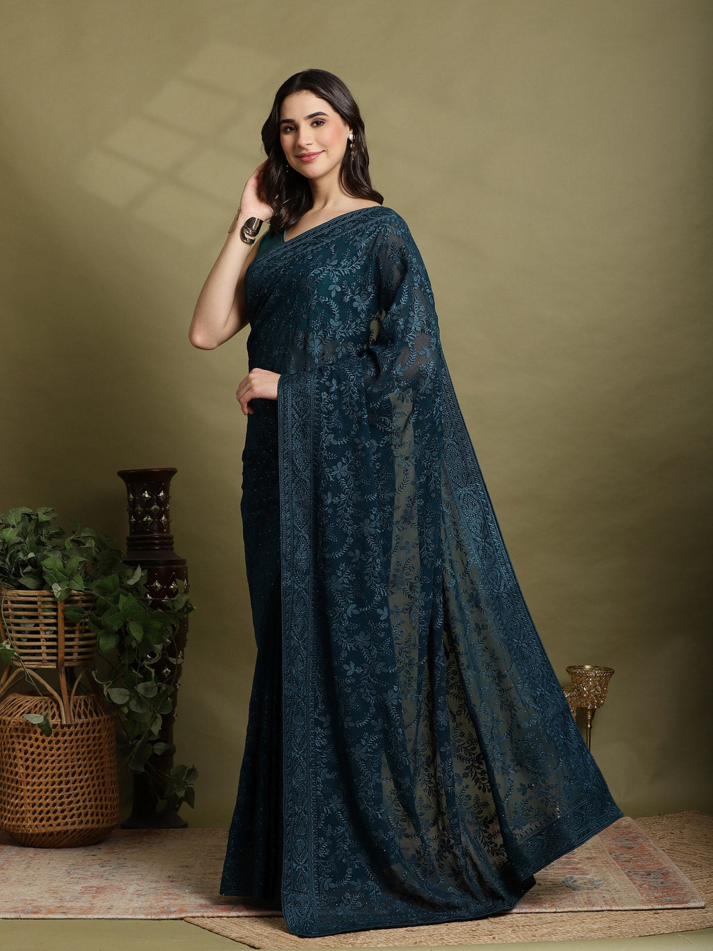 Teal Blue Embroidered Georgette Saree
