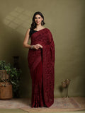 Wine Embroidered Georgette Saree