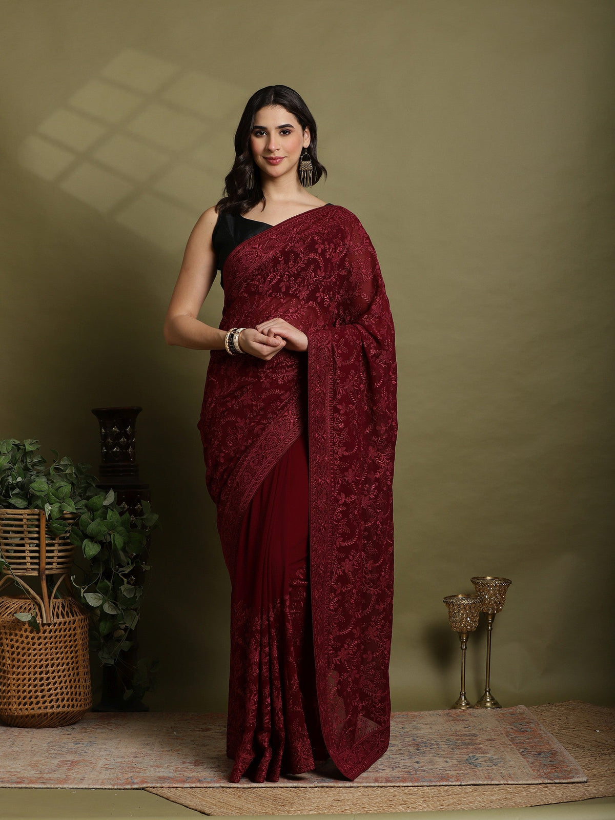 Wine Embroidered Georgette Saree
