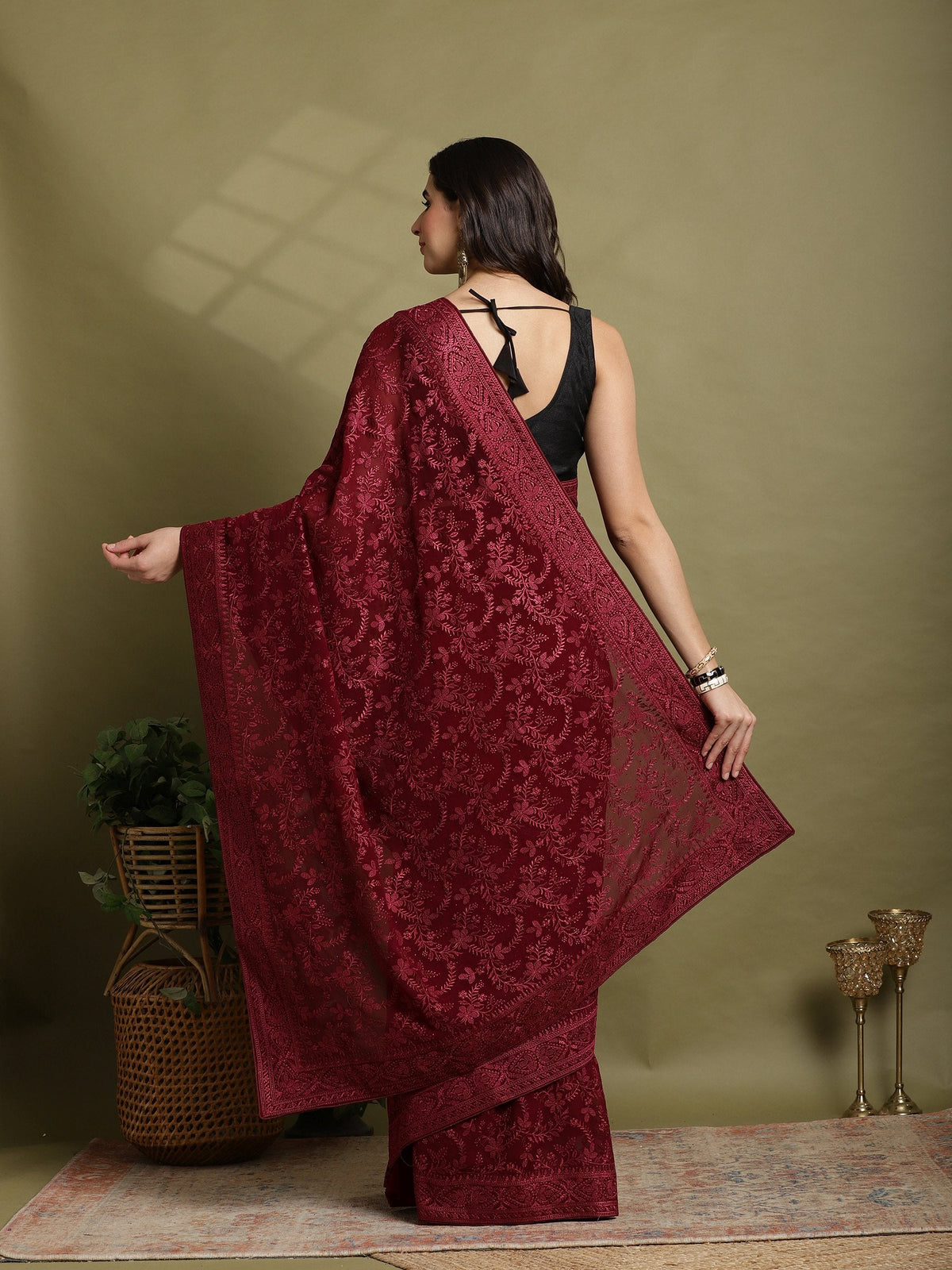 Wine Embroidered Georgette Saree