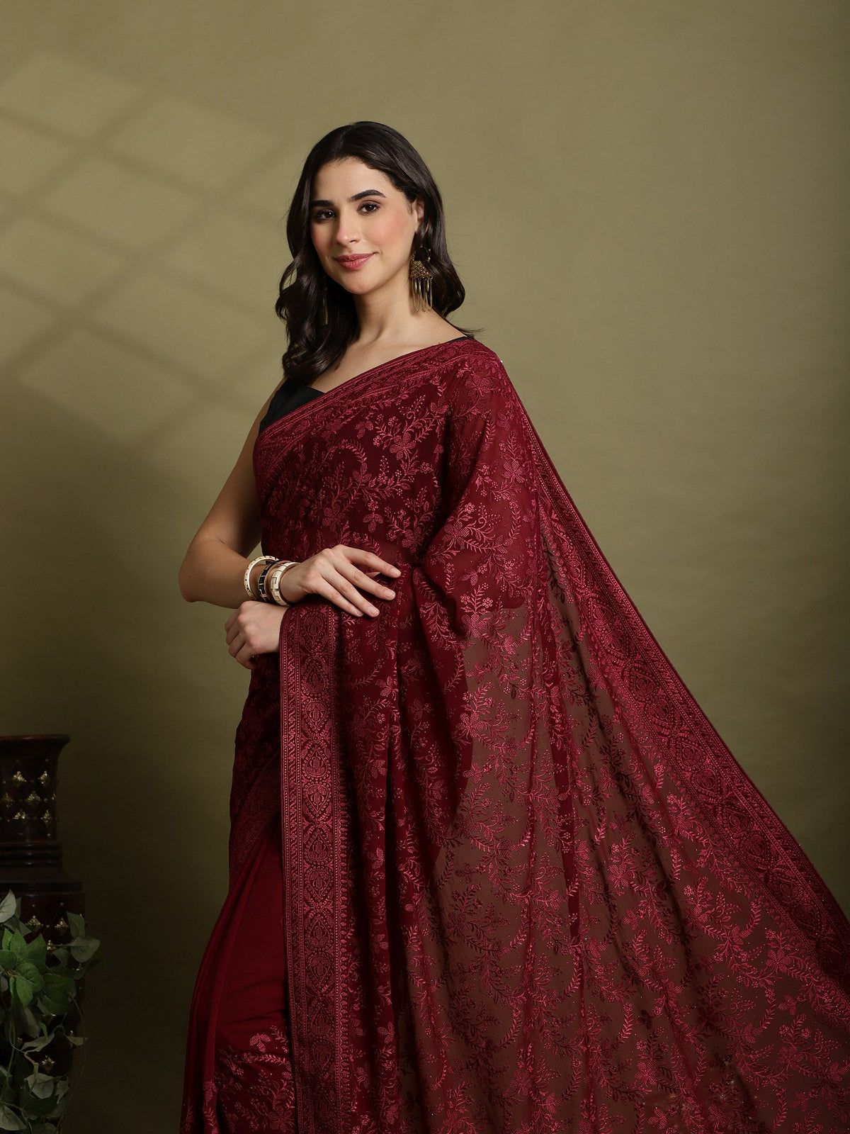 Wine Embroidered Georgette Saree