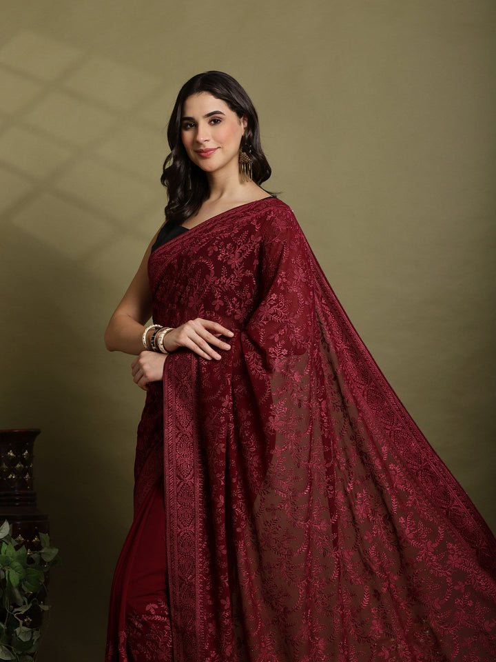 Wine Embroidered Georgette Saree