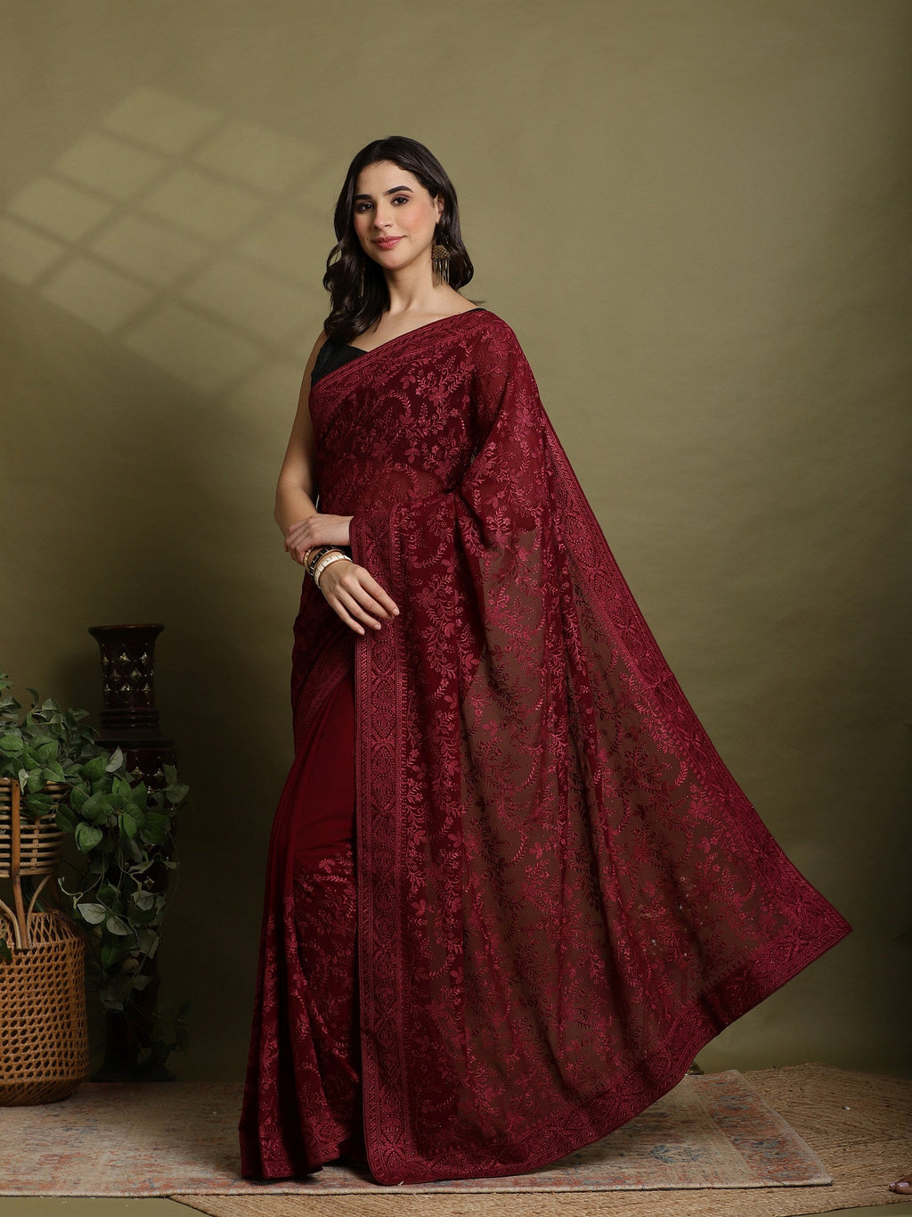 Wine Embroidered Georgette Saree