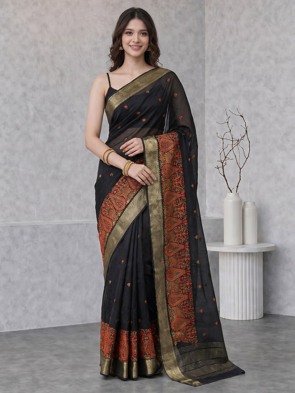 Black Resham Embroidery Crepe Saree