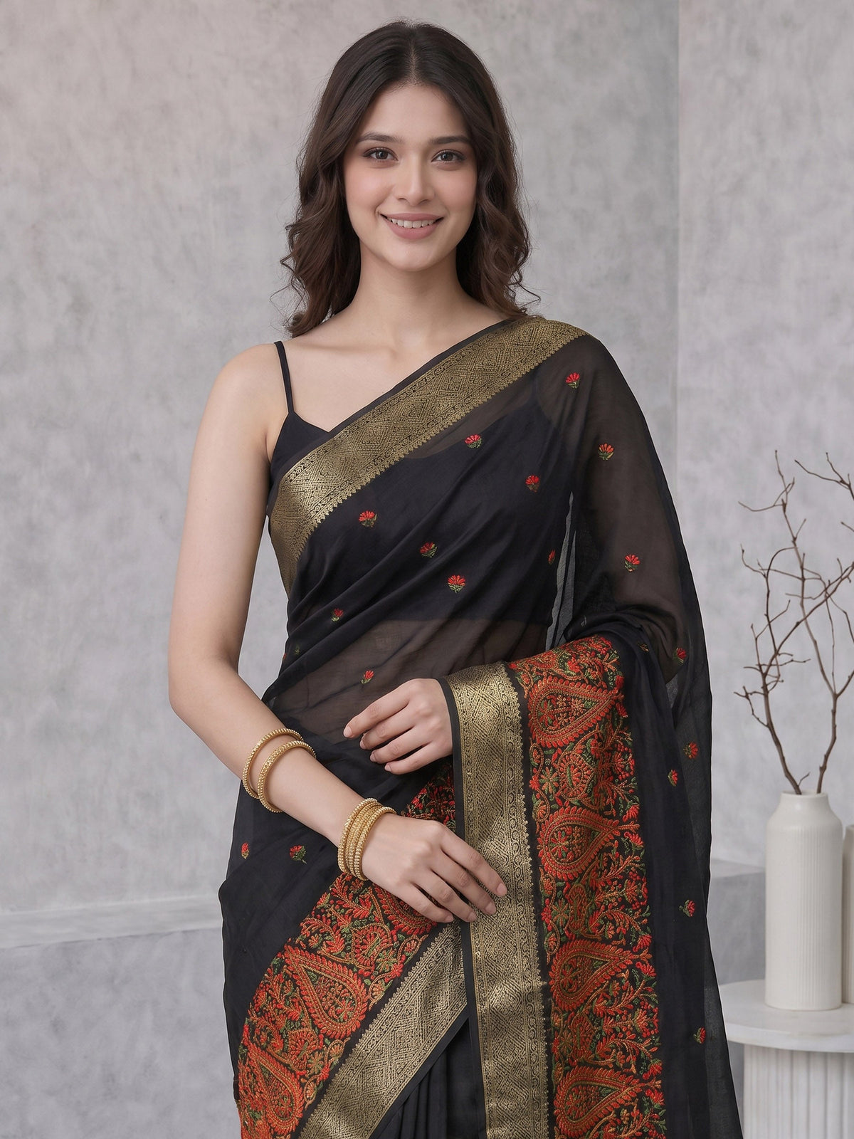 Black Resham Embroidery Crepe Saree