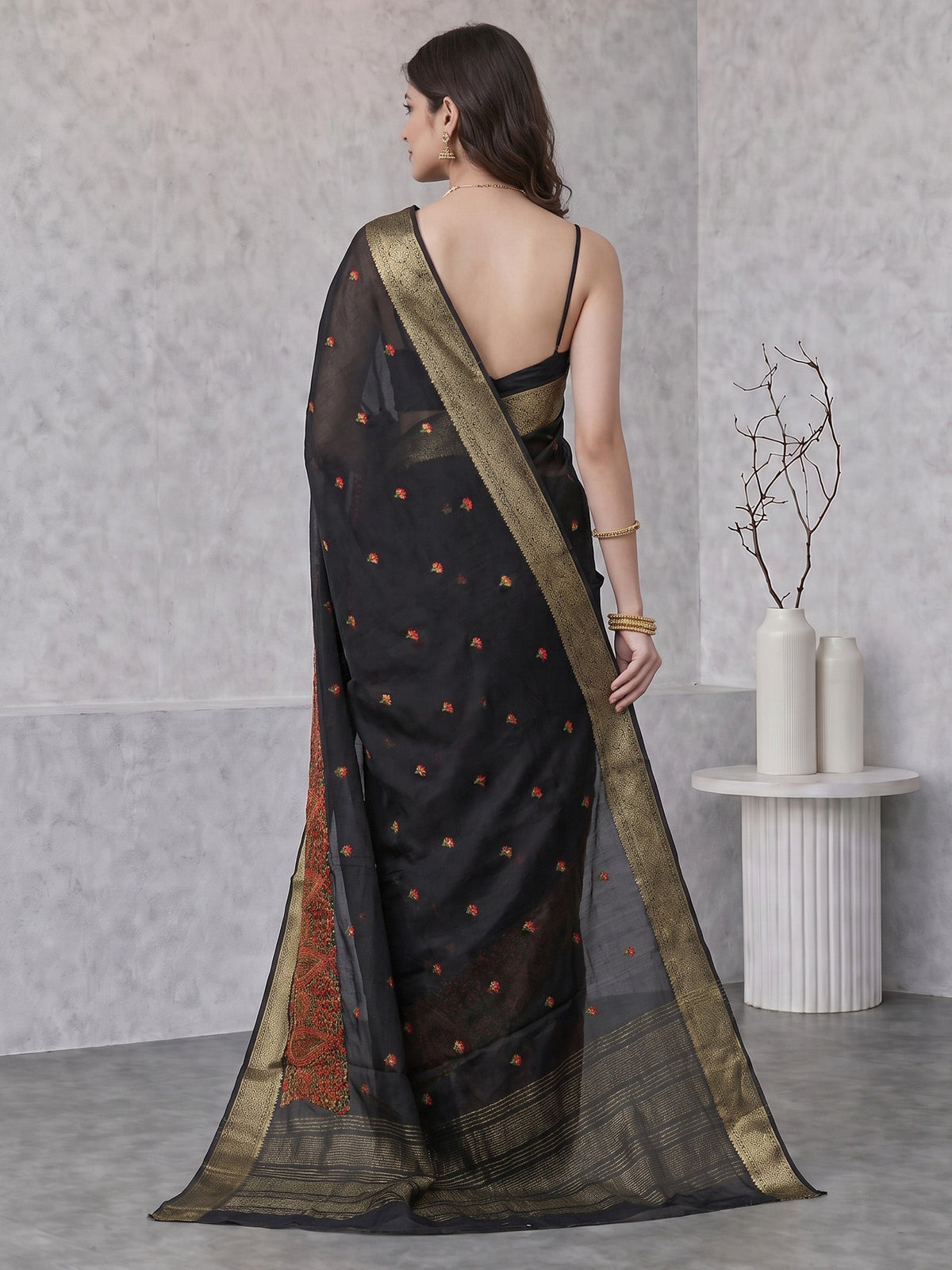 Black Resham Embroidery Crepe Saree