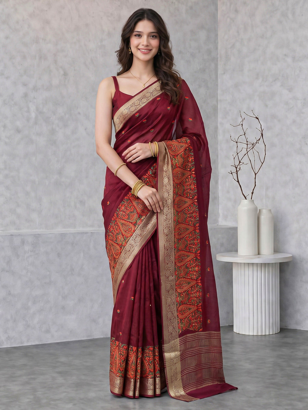 Wine Resham Embroidery Crepe Saree