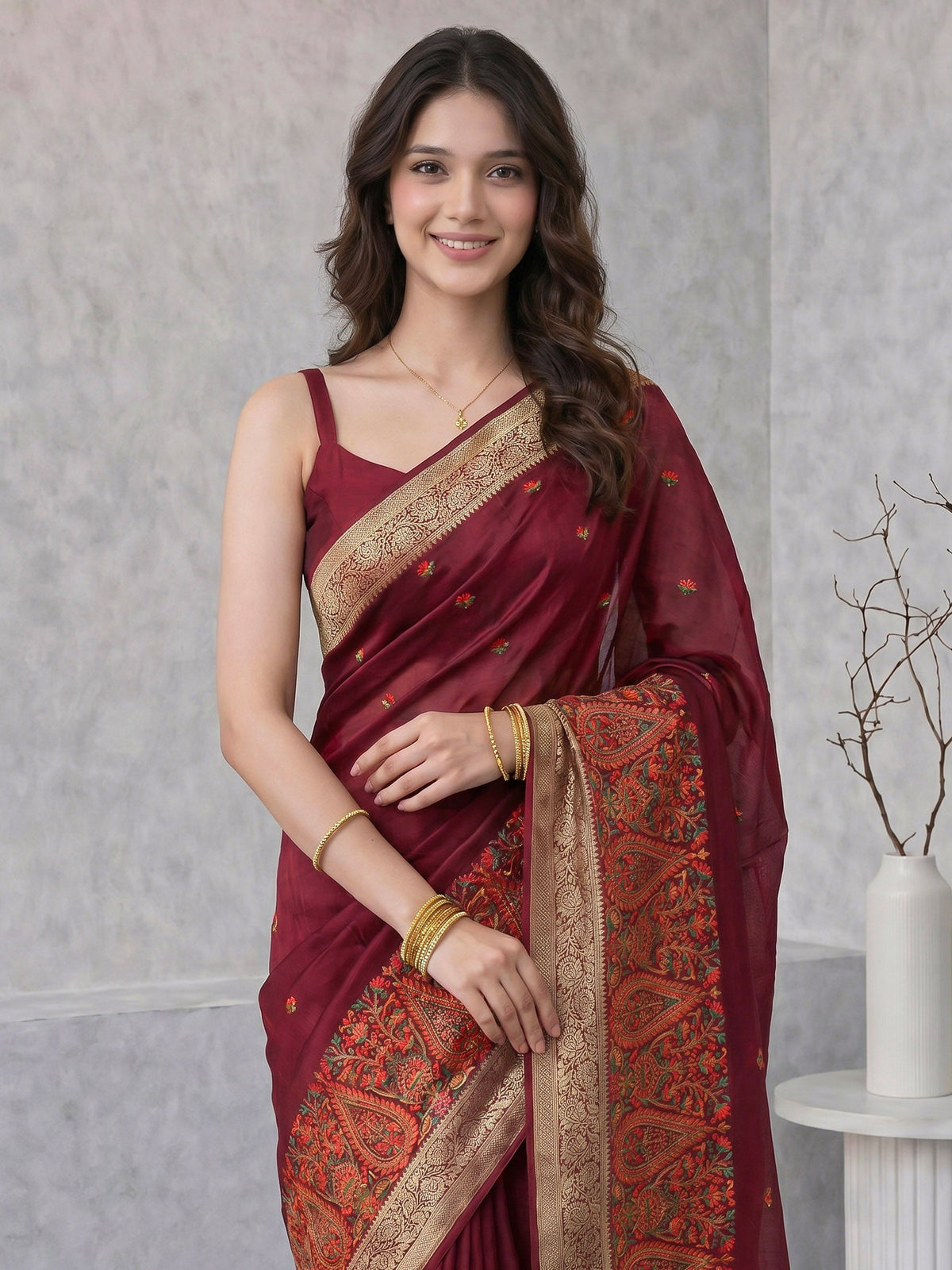 Wine Resham Embroidery Crepe Saree