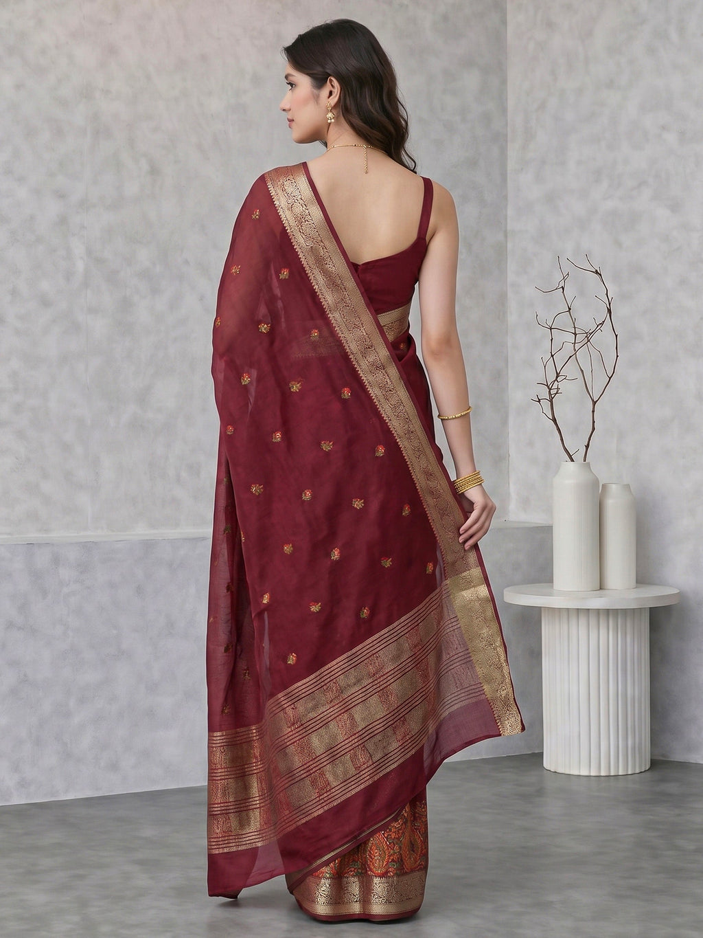 Wine Resham Embroidery Crepe Saree