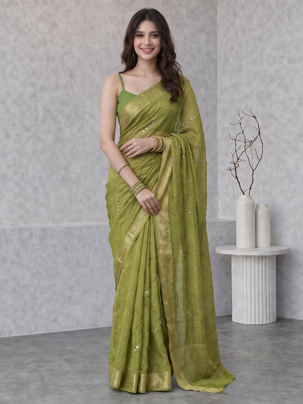 Pista Green Stone Work Crepe Saree