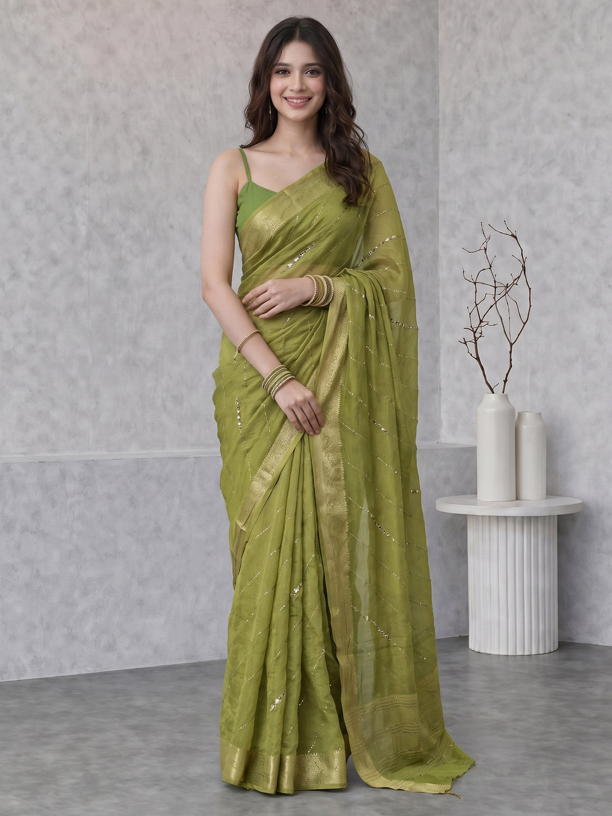 Pista Green Stone Work Crepe Saree
