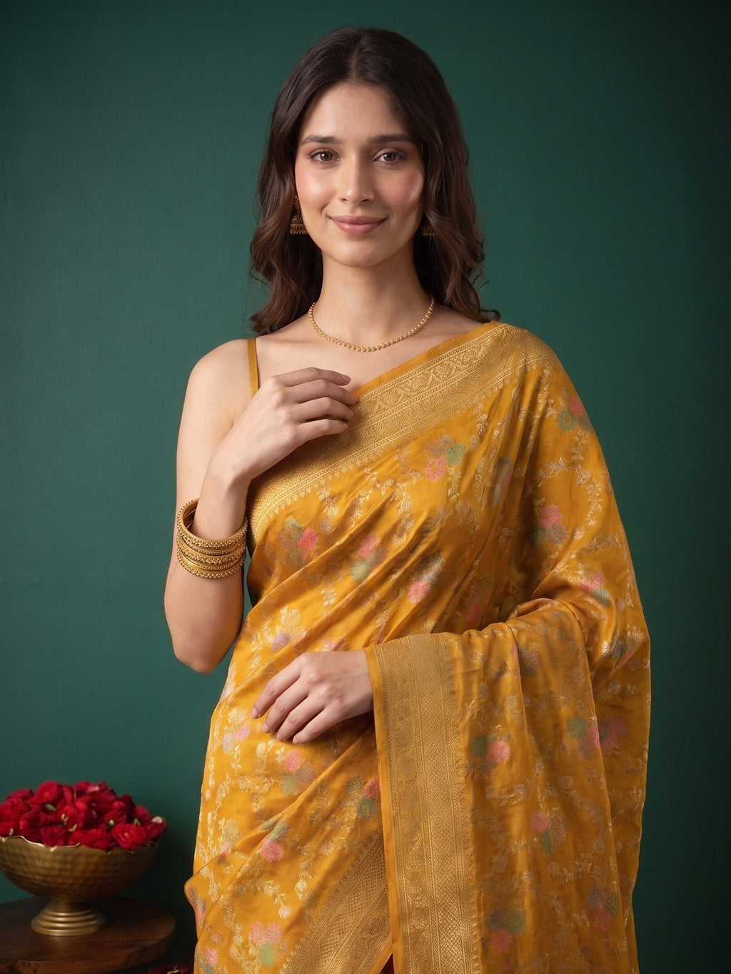 Mustard Art Silk Woven Saree