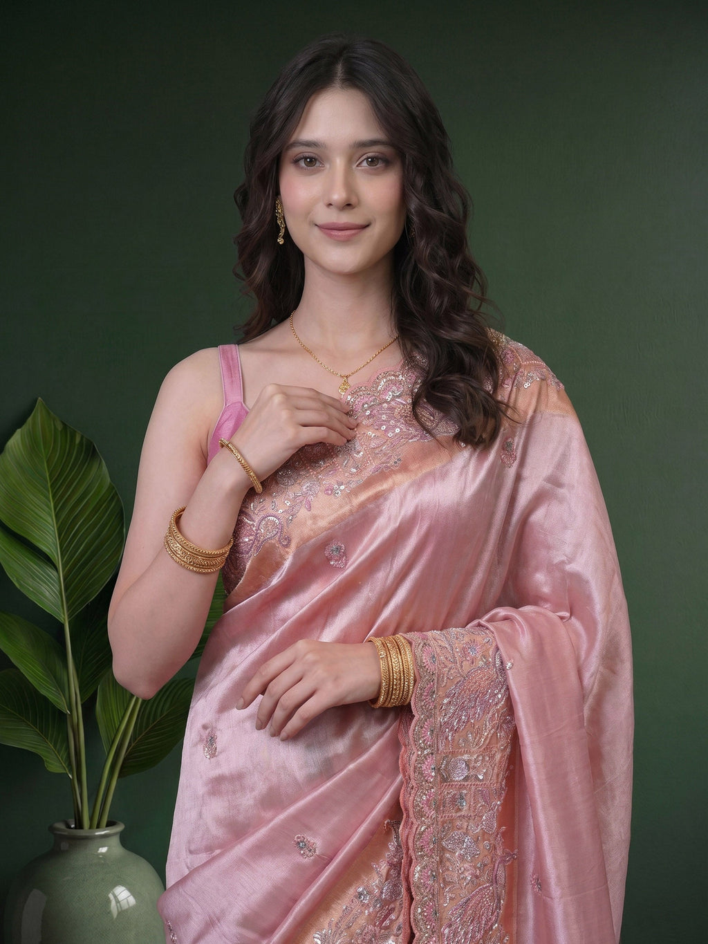 Pink Banarsi Embroidered Saree