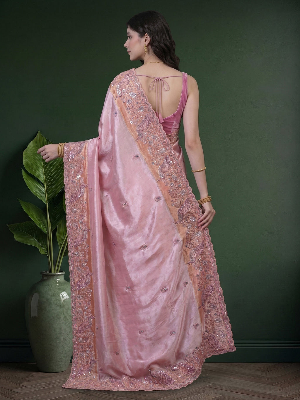 Pink Banarsi Embroidered Saree