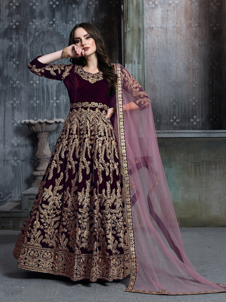 Wine Embroidered Velvet Semi Stitched Kurta With Chudidar Salwar &amp; Dupatta