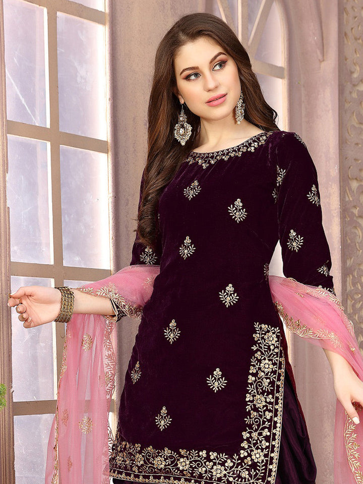 Wine Embroidered Velvet Semi Stitched Kurta With Patiala Salwar &amp; Dupatta