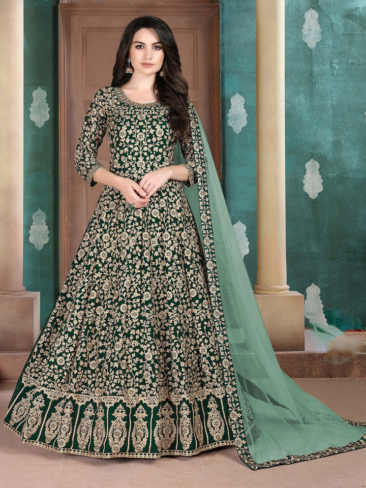 Green Embroidered Georgette Semi Stitched Kurta With Chudidar Salwar &amp; Dupatta