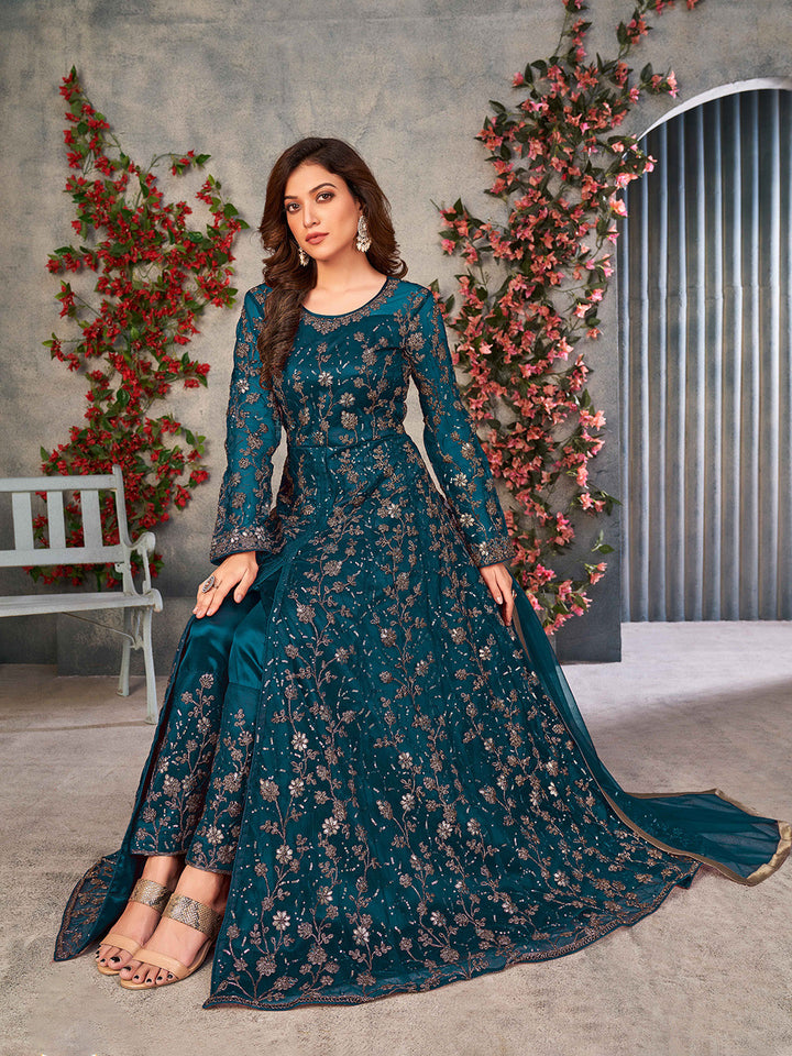 Teal Blue Embroidered Net Semi Stitched Kurta With Pant &amp; Dupatta