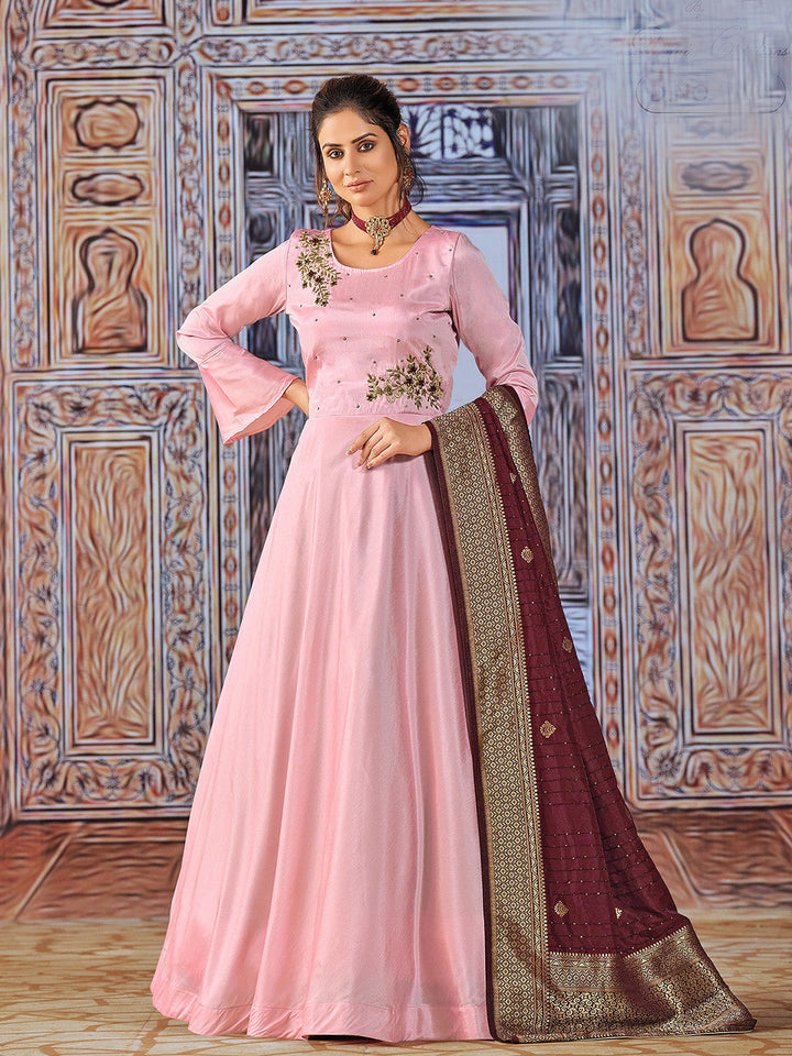 Pink Embroidered Art Silk Kurta With Churidar Pajami &amp; Dupatta