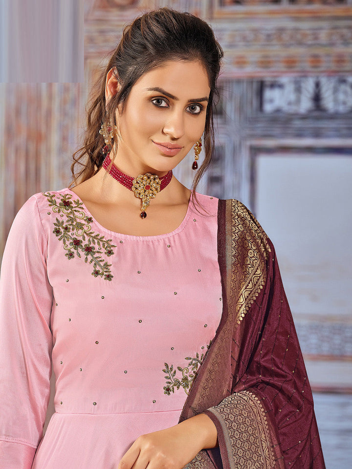 Pink Embroidered Art Silk Kurta With Churidar Pajami &amp; Dupatta