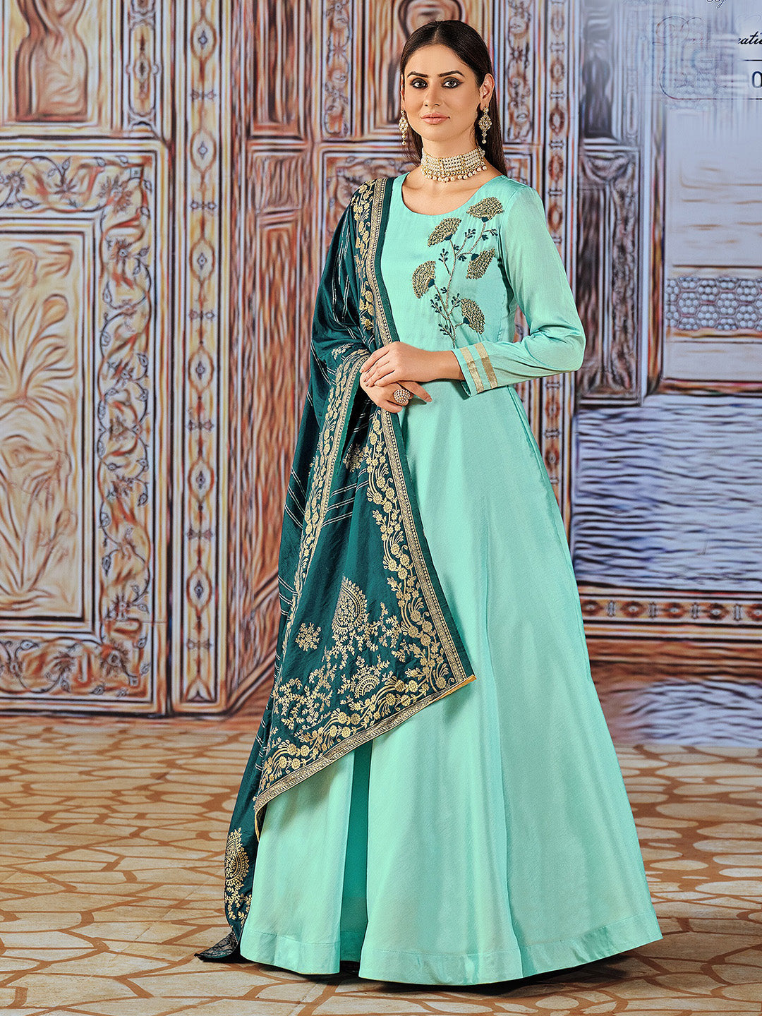 Teal Blue Embroidered Art Silk Kurta With Churidar Pajami &amp; Dupatta