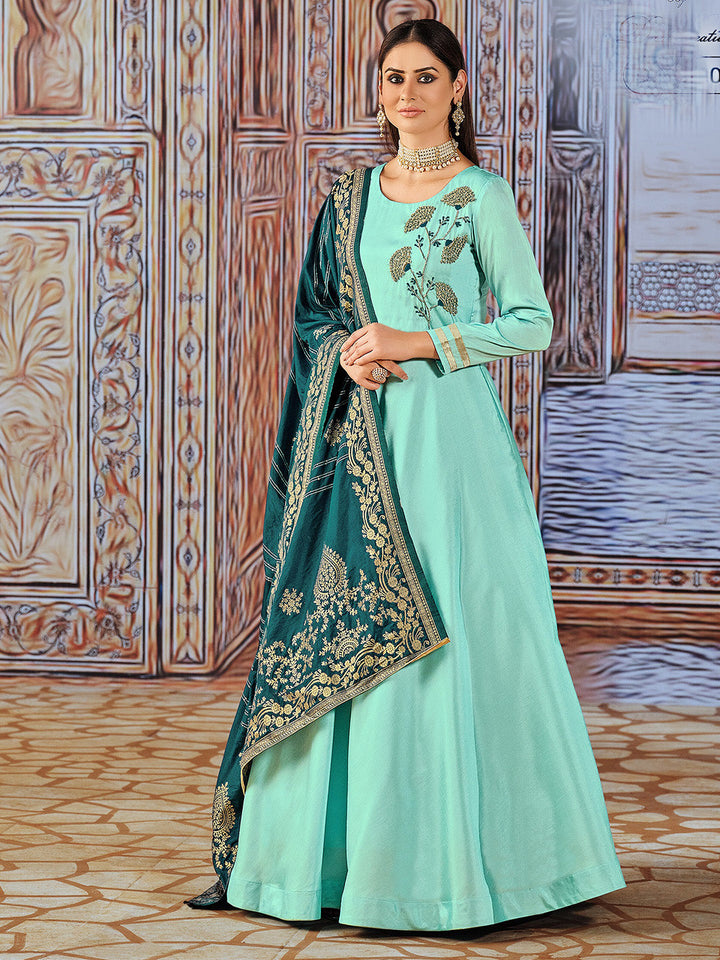 Teal Blue Embroidered Art Silk Kurta With Churidar Pajami &amp; Dupatta