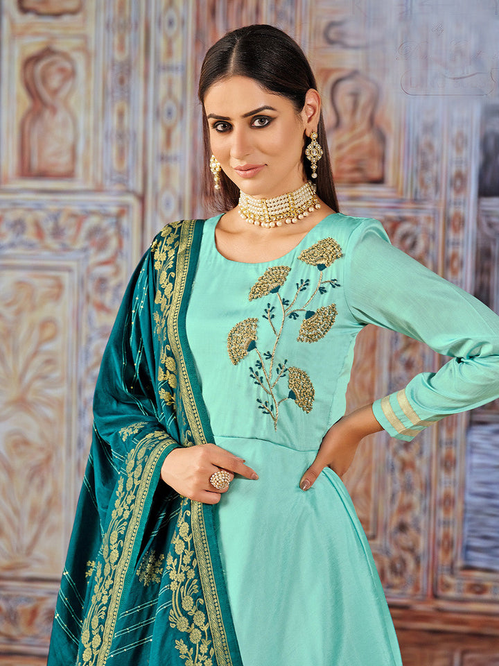 Teal Blue Embroidered Art Silk Kurta With Churidar Pajami &amp; Dupatta