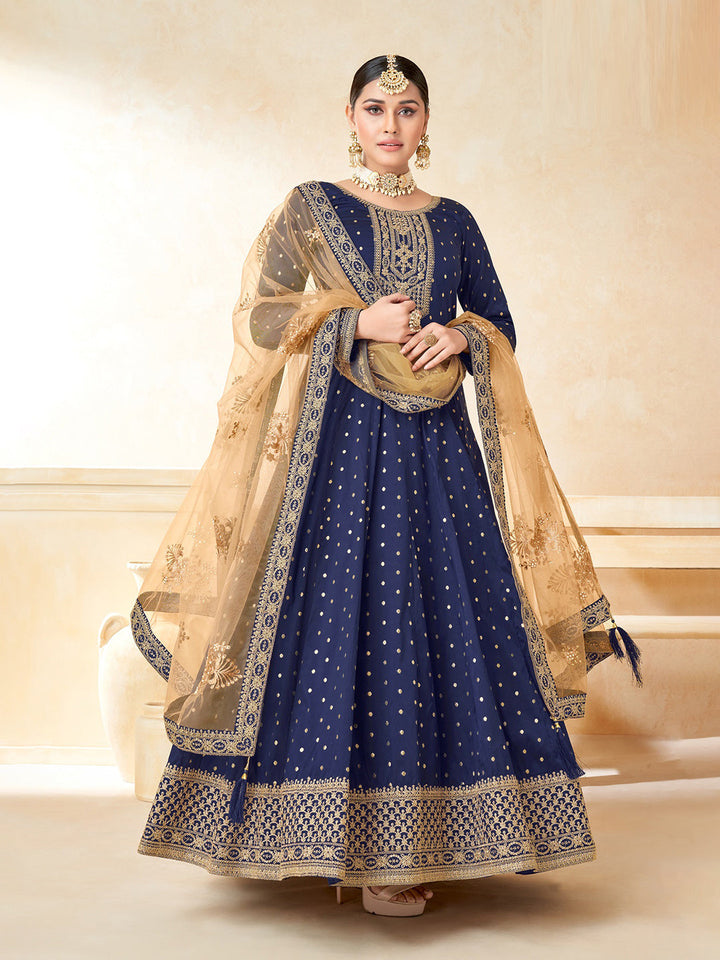 Blue Embroidered Art Silk Semi Stitched Kurta With Churidar Pajami &amp; Dupatta