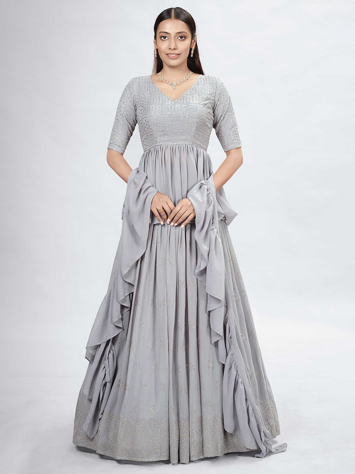 Grey Embroidered Georgette Semi Stitched Kurta Choli With Lehenga &amp; Dupatta