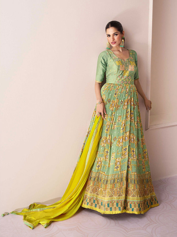Pista Green Embroidered Georgette Gown With Dupatta