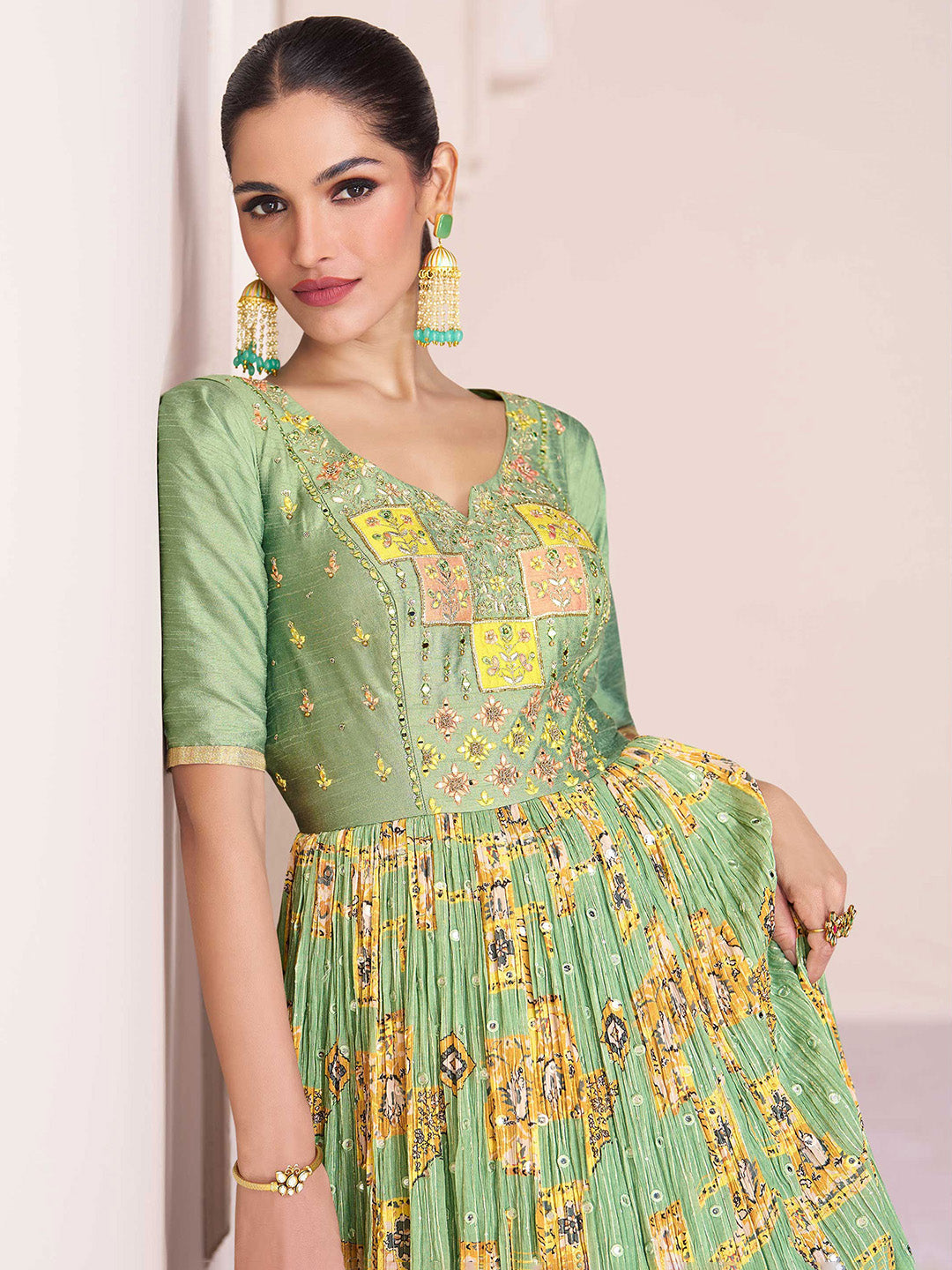 Pista Green Embroidered Georgette Gown With Dupatta