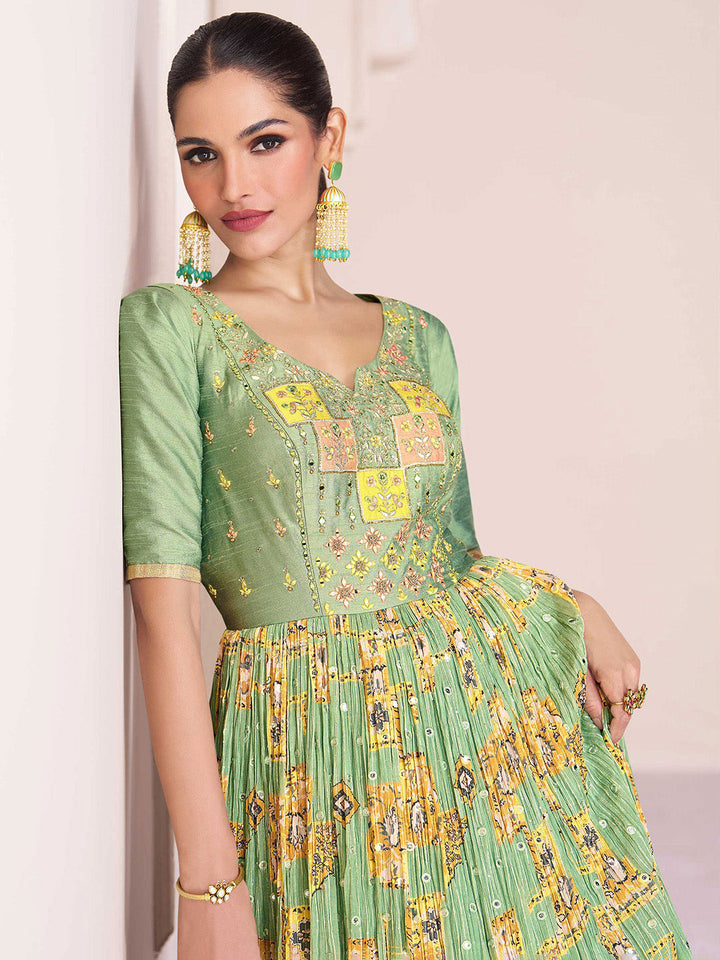 Pista Green Embroidered Georgette Gown With Dupatta