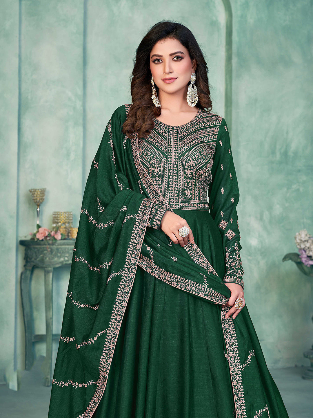 Green Embroidered Art Silk Semi Stitched Kurta With Churidar Pajami &amp; Dupatta