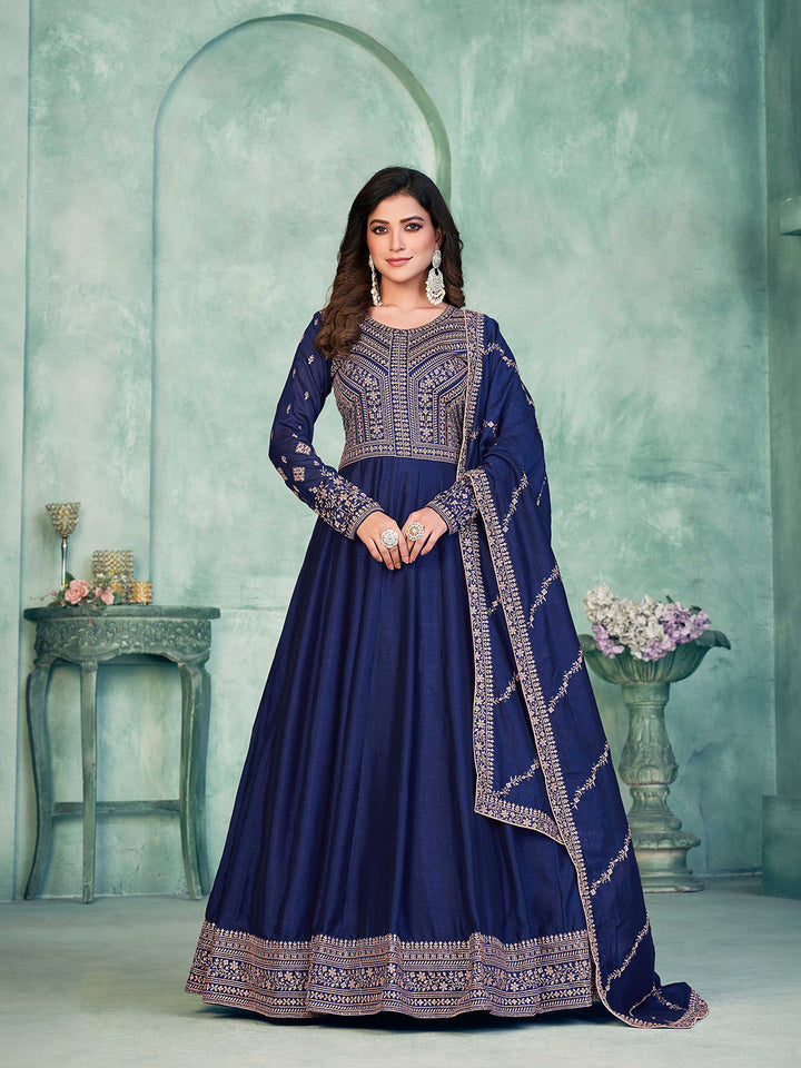 Blue Embroidered Art Silk Semi Stitched Kurta With Churidar Pajami &amp; Dupatta