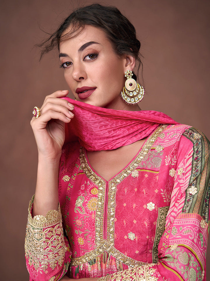 Pink Organza Embroidered Kurta Pant With Dupatta
