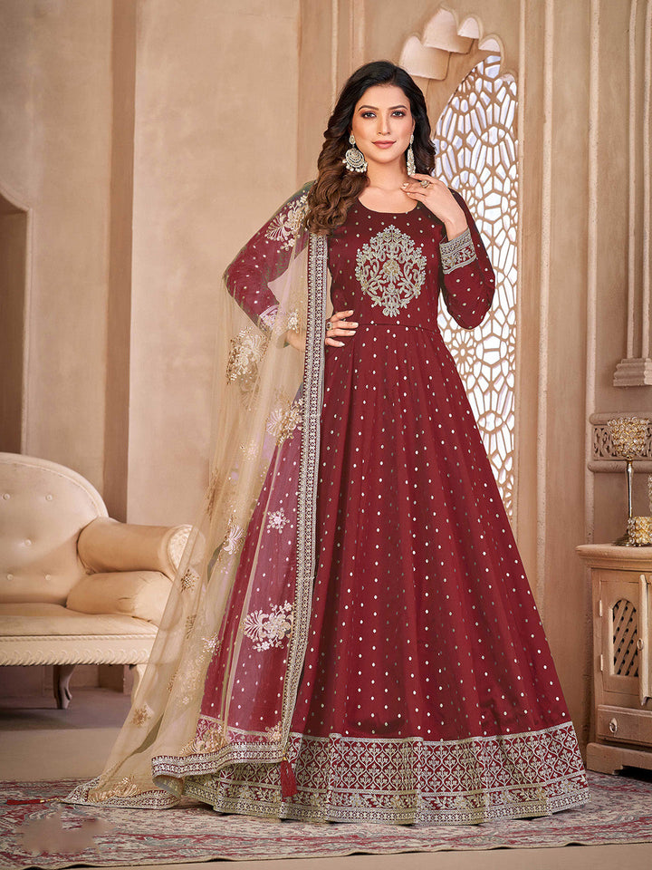 Maroon Embroidered Art Silk Semi Stitched Kurta With Churidar Pajami &amp; Dupatta