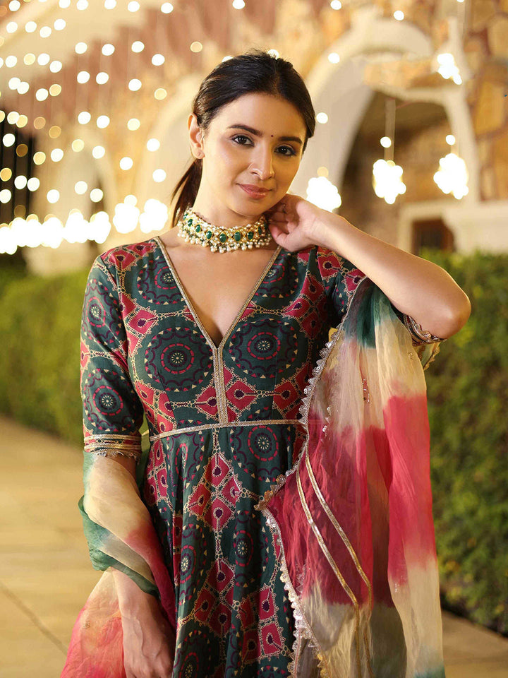 Green-Multi Embroidered Muslin Kurta Pant Dupatta