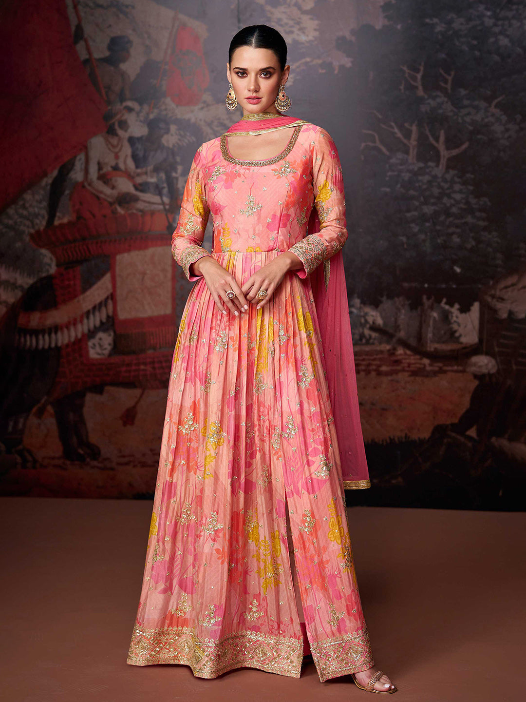 Pink Embroidered Georgette Kurta Pant Dupatta
